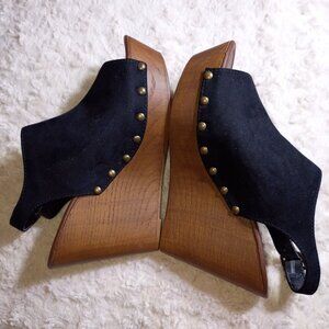 Women's Black Suede Brown High Wedge Shoes with Peep Toe Size 7-1/2